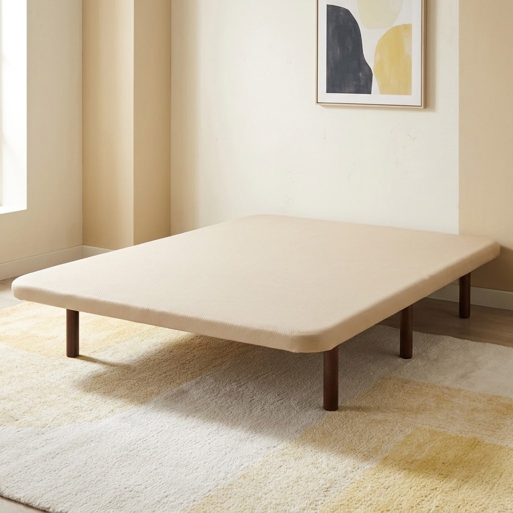 Base tapizada Ares con estructura de tubo de acero y tejido 3D beige transpirable. Soporte firme, seguro y antideslizante para tu colchón.